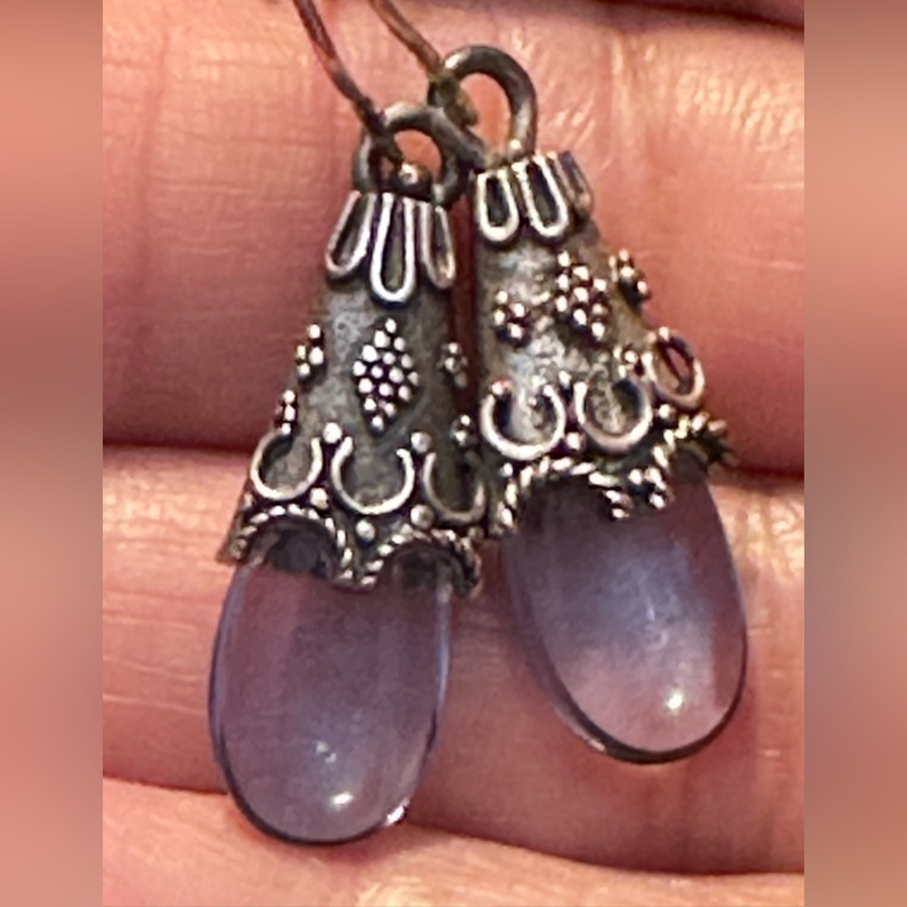 Sterling Silver Hook Dangle Earrings Blue Glass Teardrop Stone 1971 L - Picture 9 of 11